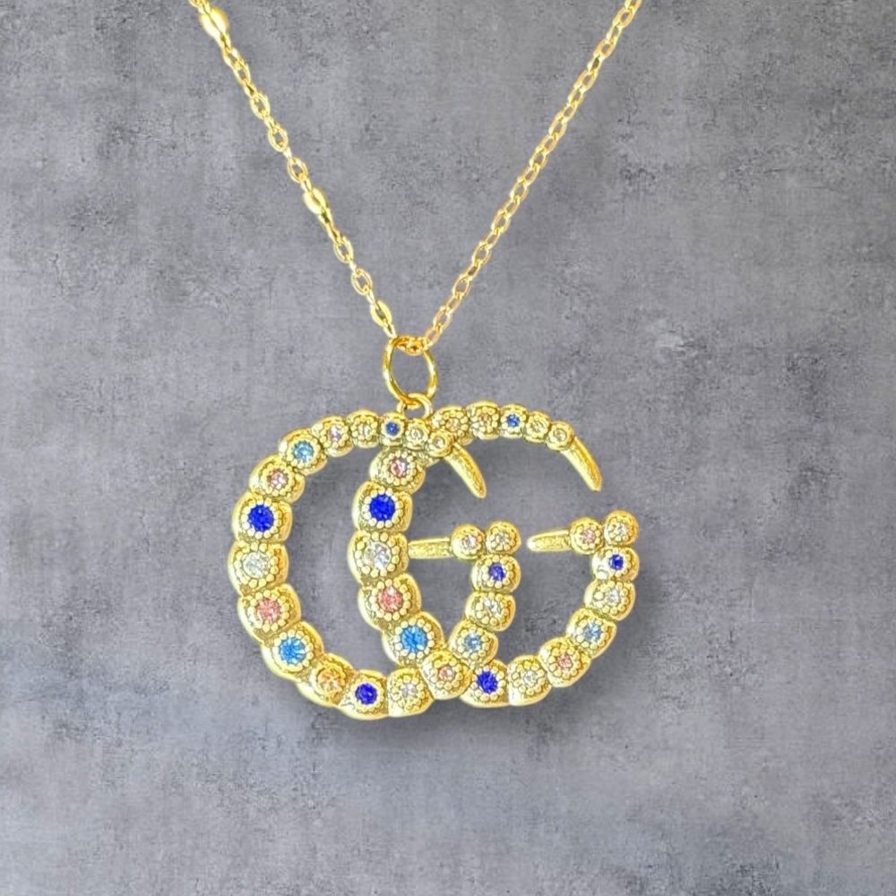 Gorgeous Upcycled Elegant Gold Gucci Pendant Necklace with Multicolor Accents